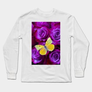 Yellow Butterfly Resting On Purple Red Roses Long Sleeve T-Shirt